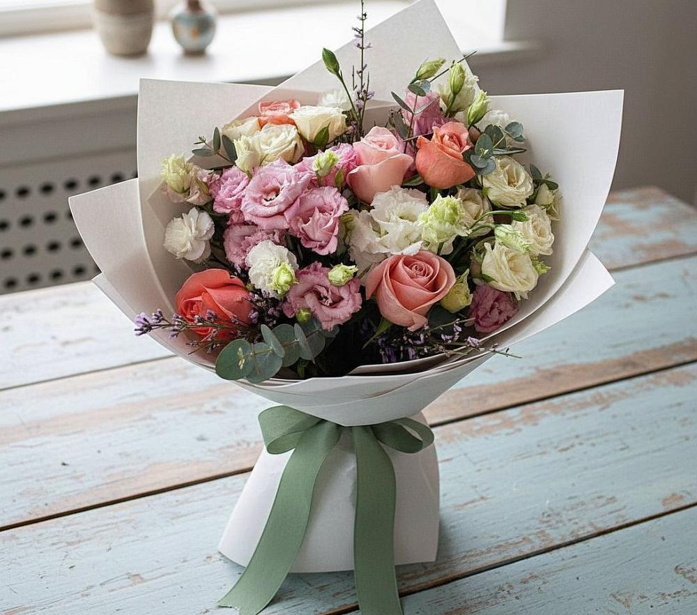 Букет цветов из: Розы, Лизиантусы и Гвоздики в Заречном Пензенской области